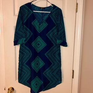 Renee C Navy and Green ¾ Length Patterned Dress, S